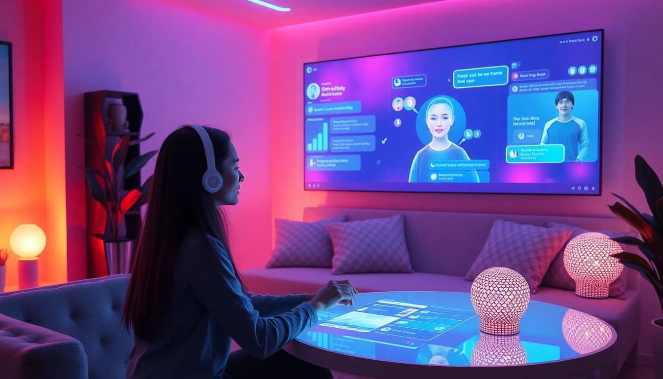 Engaging virtual scene of an nsfw ai chat with an inviting AI girlfriend character in a cozy chat room.