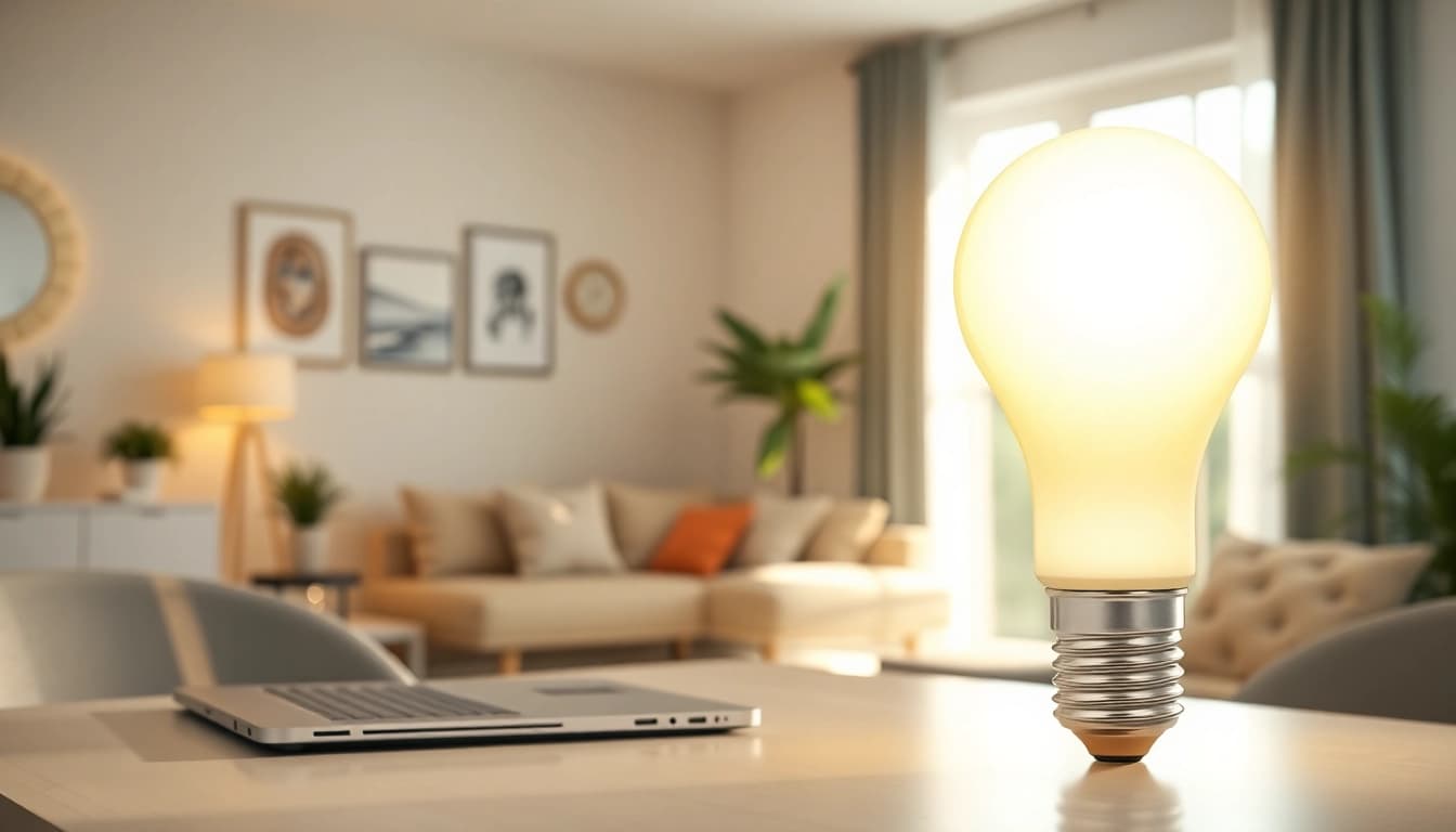 Capture the brilliance of led a19 bulb illuminating a stylish modern workspace.