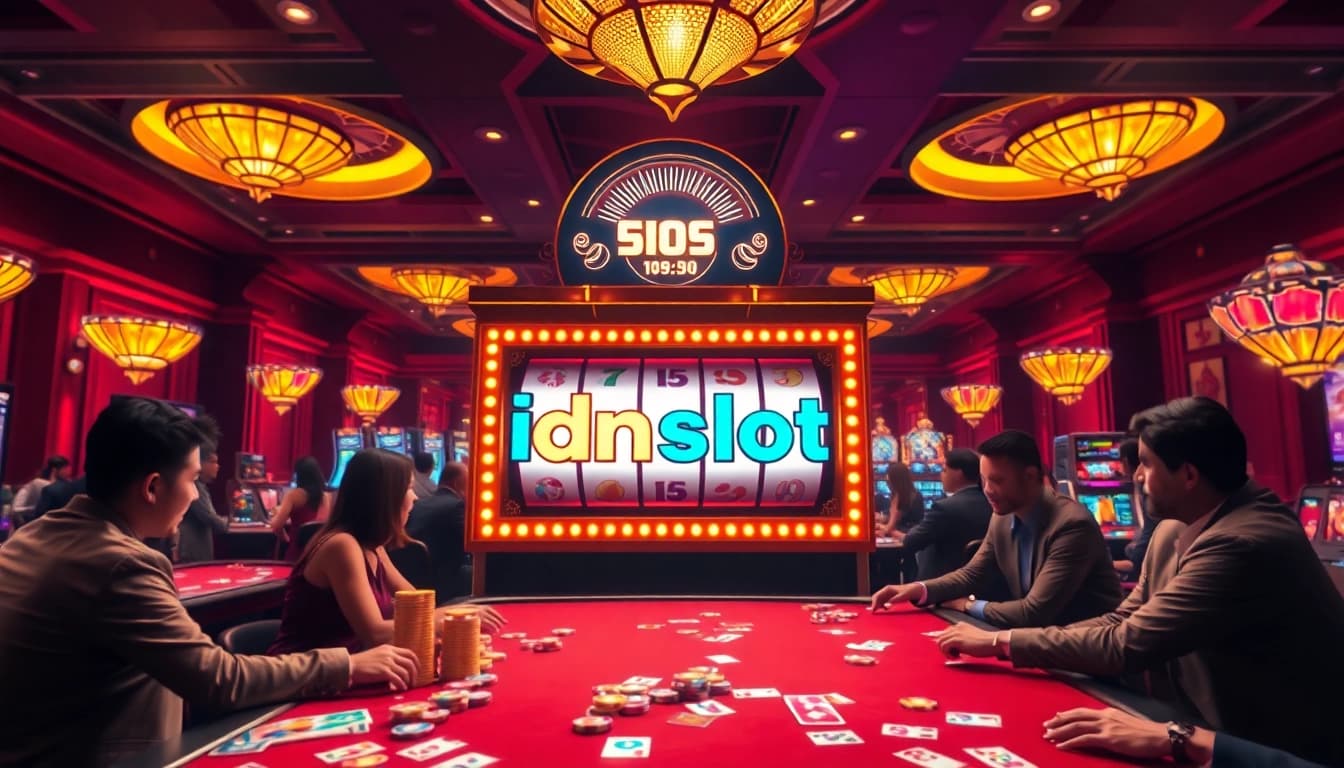 Experience the thrill of idnslot with vibrant slot machines and enthusiastic players in a luxurious casino.