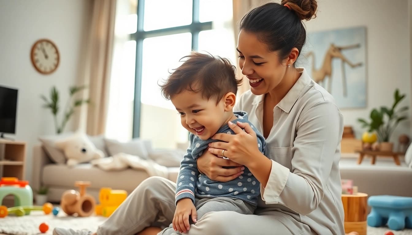 Engaging live-in nanny interacting with a child in an Abu Dhabi home, illustrating care and warmth.