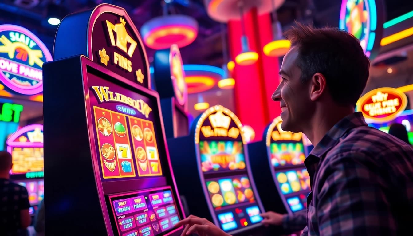 Menggambarkan pengalaman bermain slot depo 1k di mesin slot modern dengan pemain yang bersemangat.