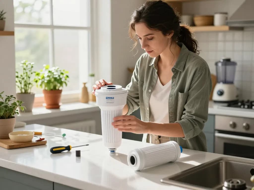 Replacing the Filterlogic ADQ73613401 Refrigerator Water Filter in a bright home kitchen setting.