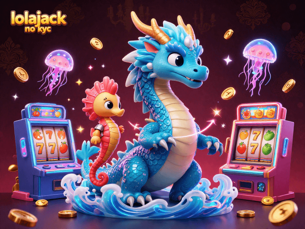 Spin to win at lolajack no kyc with a captivating 3D illustration featuring vibrant slot machines and engaging characters.