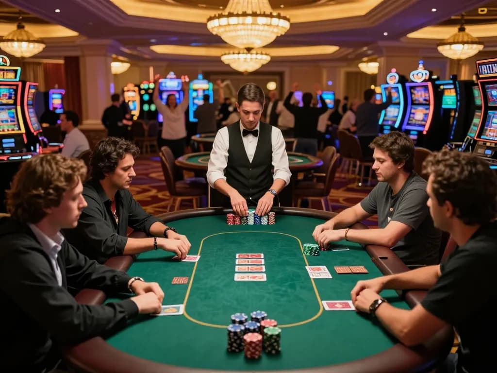 Players strategizing during a poker game at nhà cái 388bet's upscale casino with vibrant atmosphere.