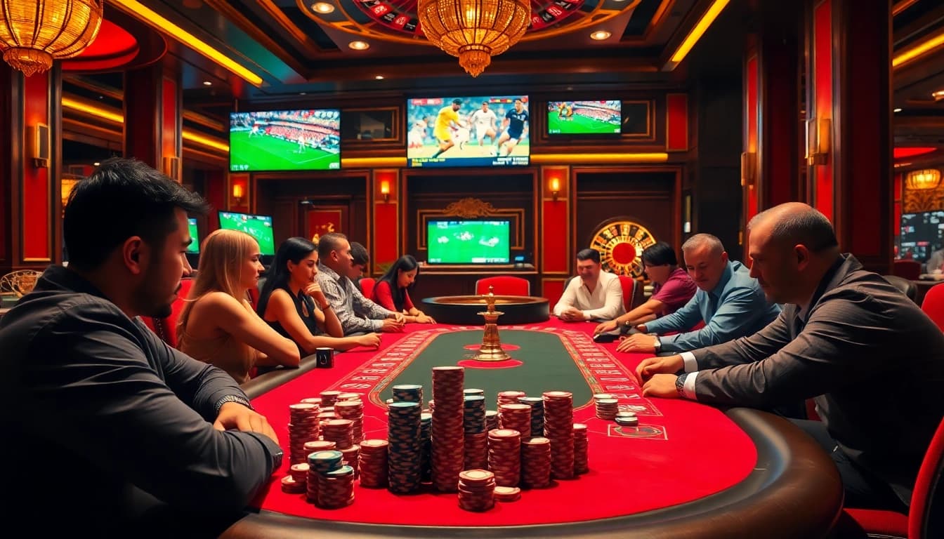 Experience trực tiếp bóng đá while enjoying a lively casino atmosphere filled with poker and roulette excitement.