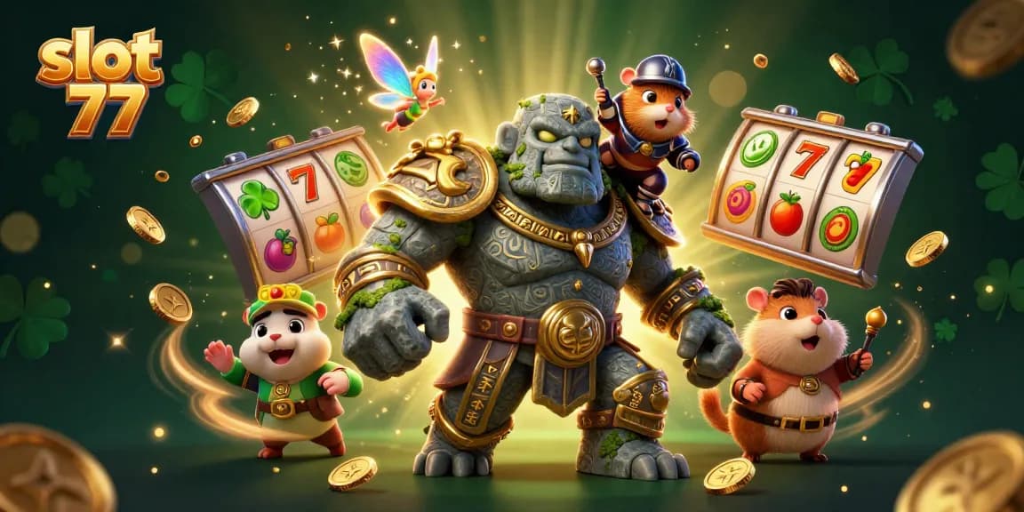 Experience thrilling action with slot 77 as ancient guardians and magic unite in a vibrant casino scene.