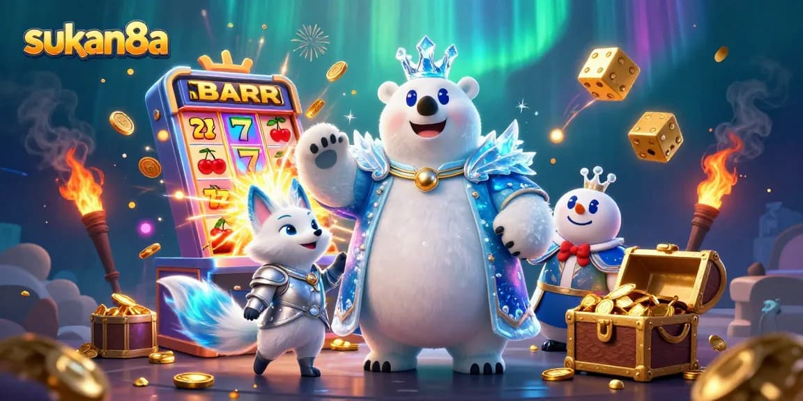 Win big with sukan8a as a polar bear king and snow fox reveal dazzling rewards in a vibrant casino world.