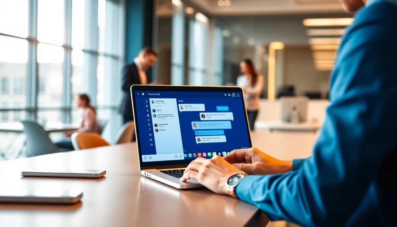 Engaging enterprise assistant experience with a digital interface in a modern office setting.
