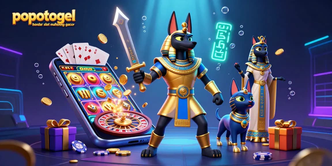 Experience the thrill of popotogel bandar slot mahjong gacor with Anubis and Bastet amidst colorful slot elements.