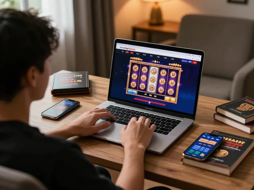 Engaging scene capturing online gaming excitement at situs amigogrillandco with focused player and vibrant slot display