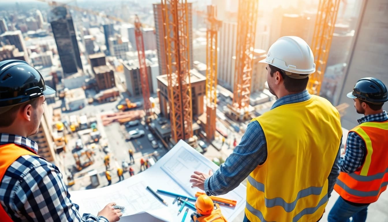 New York Construction Manager overseeing a busy construction site ensuring project success.