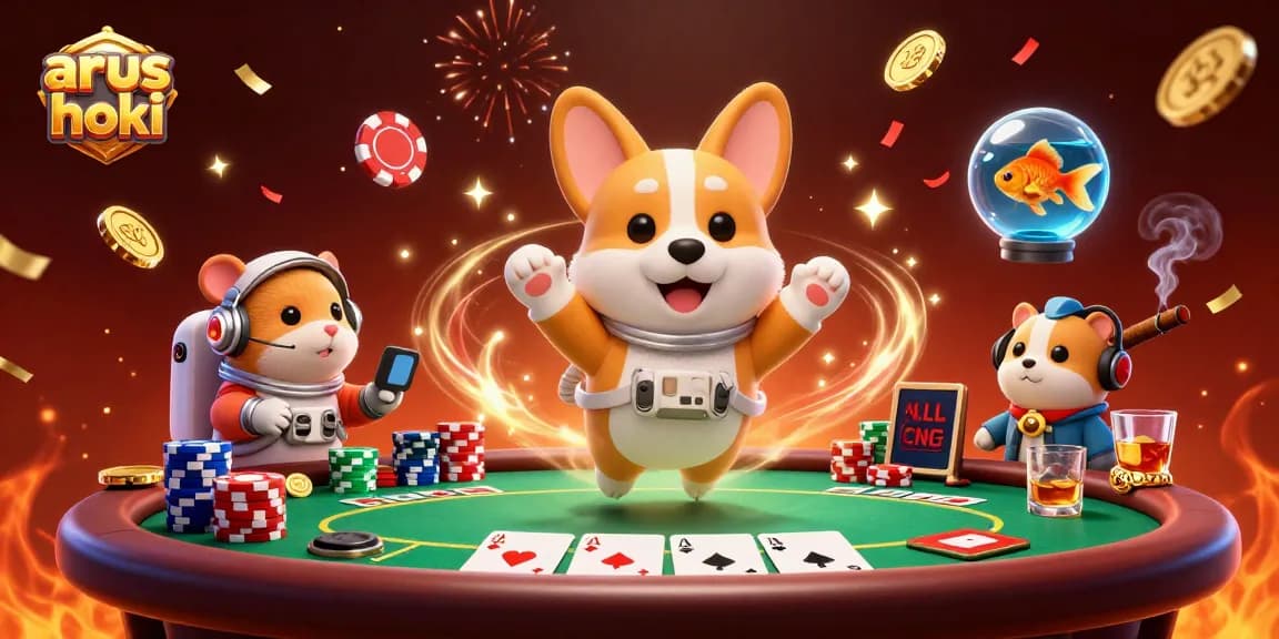 Menangkan pengalaman arus hoki dengan astronaut corgi mengapung di kasino antariksa, dikelilingi chip poker.