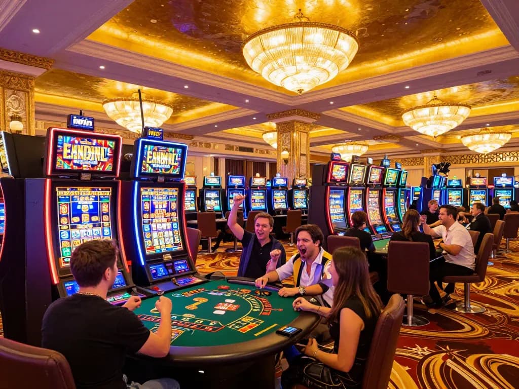 Players celebrating wins at vibrant iwin net casino slots, showcasing excitement and luxury.