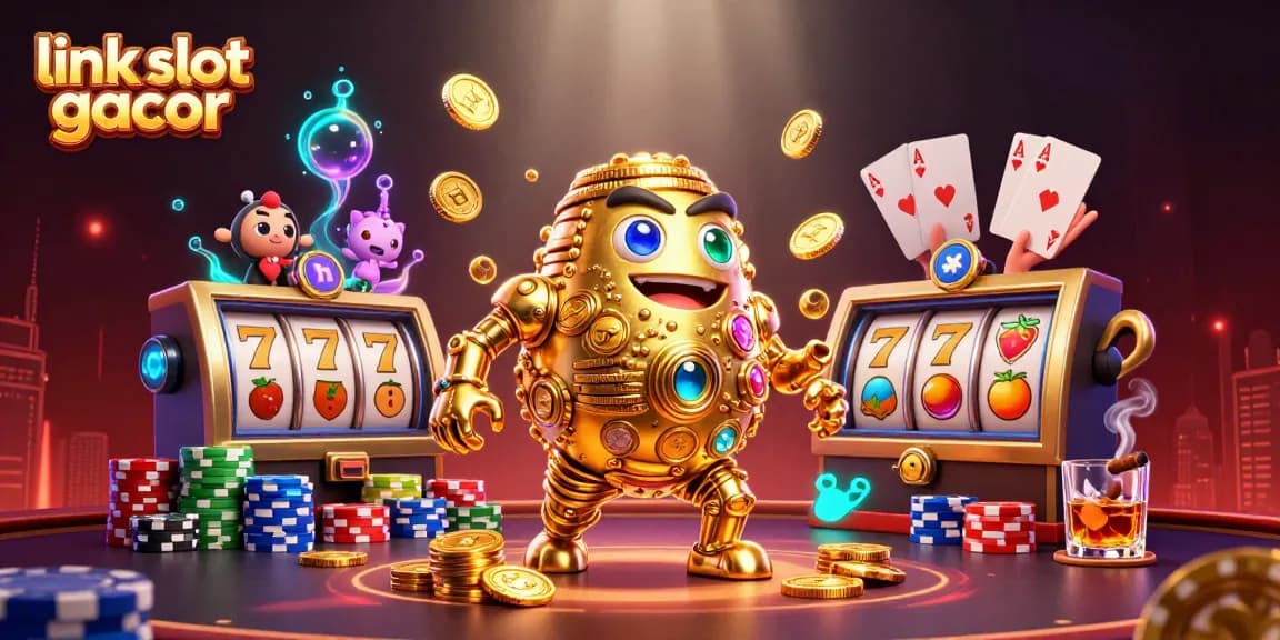 Experience thrilling action with the link slot gacor, featuring vibrant slot reels and a golden golem surrounded by poker games.