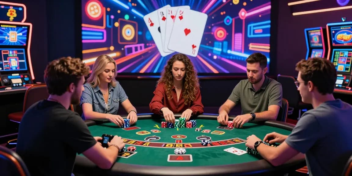 Scène engageante de casino en ligne avec des joueurs à des tables numériques, mettant en avant l'excitation des bonus de casino en ligne dans une atmosphère vibrante.
