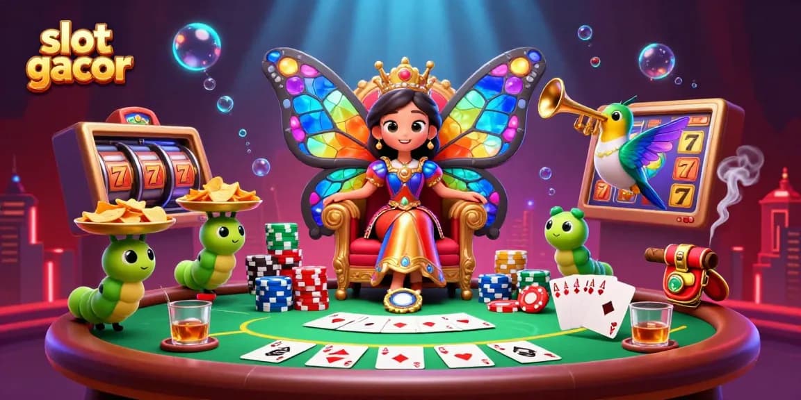 Experience the thrill of slot gacor with enchanting characters amidst an extravagant casino scene.