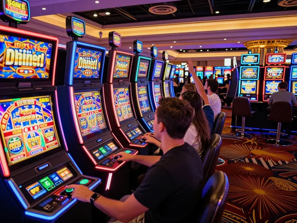 Players celebrating wins at vibrant slot gacor machines on a bustling casino floor