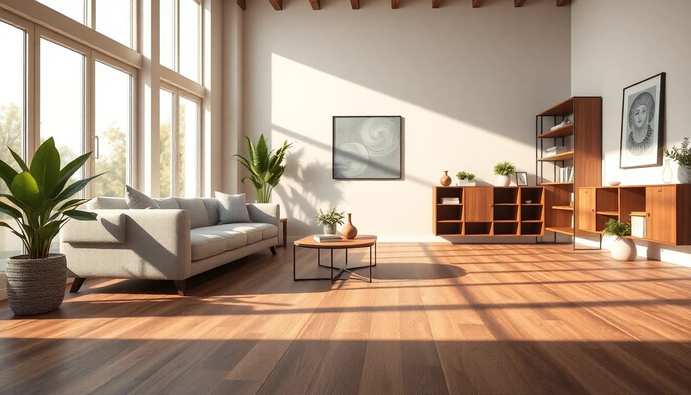 Explore sophisticated walnut waterproof vinyl flooring near me in a stylish, well-lit living room.