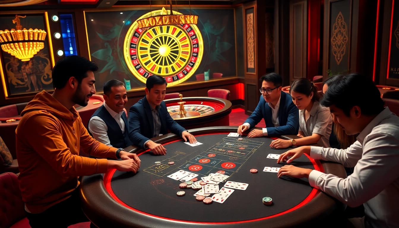 Players experiencing the excitement of KJC poker gaming at a luxurious casino table.