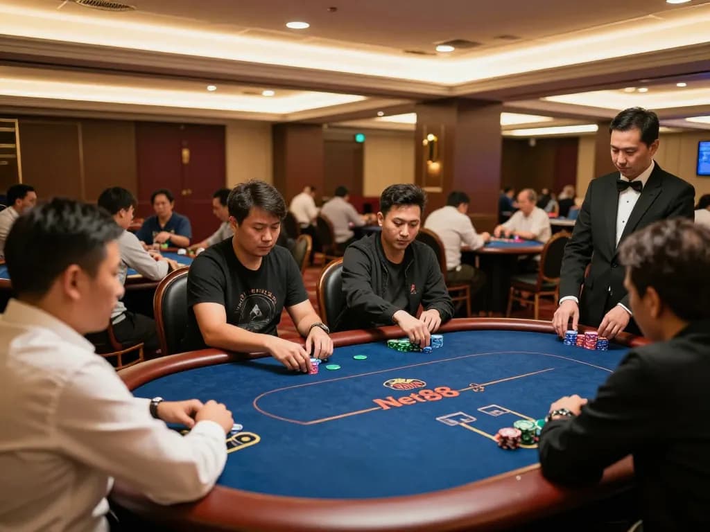 Players enjoying strategic gameplay at a poker table, highlighting Giấy phép hoạt động Net88 for a safe gaming environment.