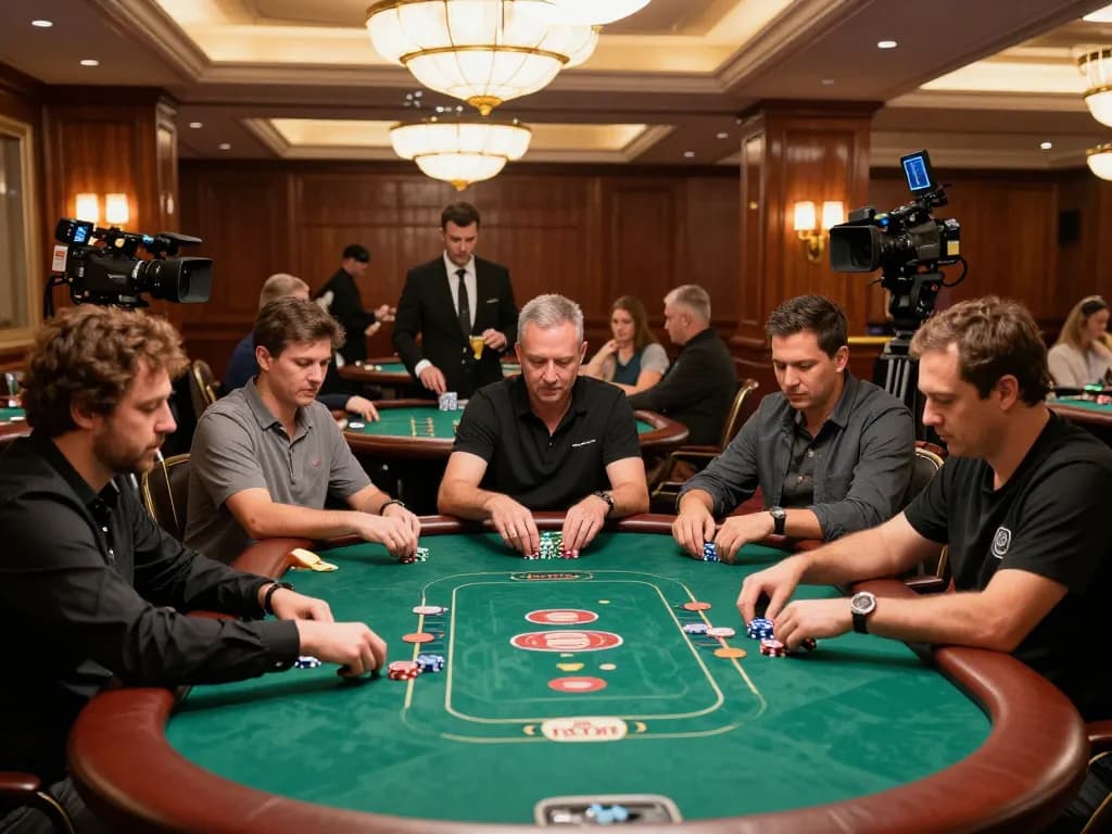 Players engaging in high-stakes poker at TG88 casino, chips moving and cards visible on the felt tables