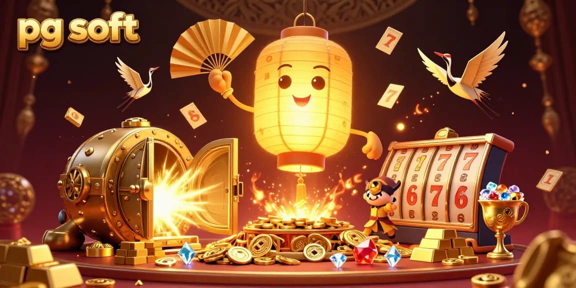 Experience the excitement of pg soft with our vibrant casino scene featuring a golden lantern spirit and treasures.