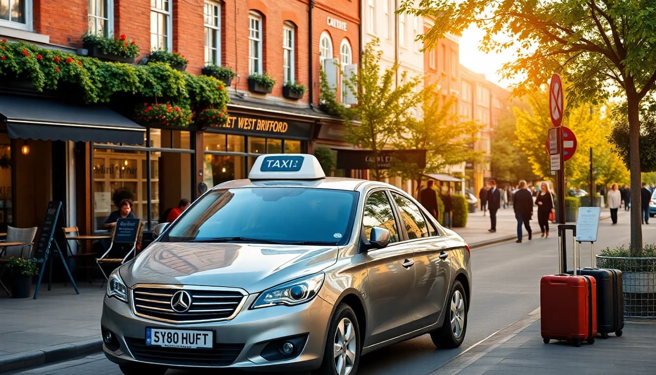 Book a West Bridgford Taxi outside a café in a vibrant urban environment.