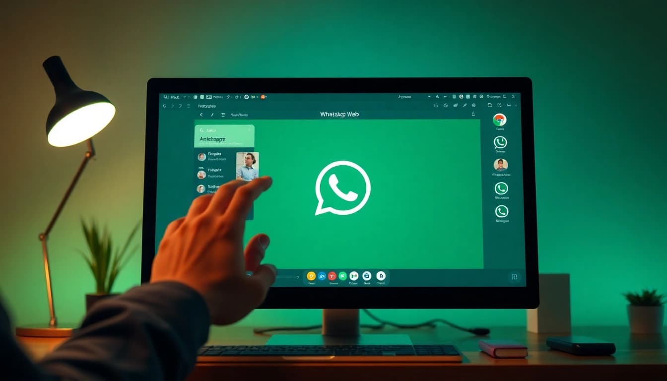 桌面上的 WhatsApp Web 互动界面，展示消息、视频通话和文件共享。