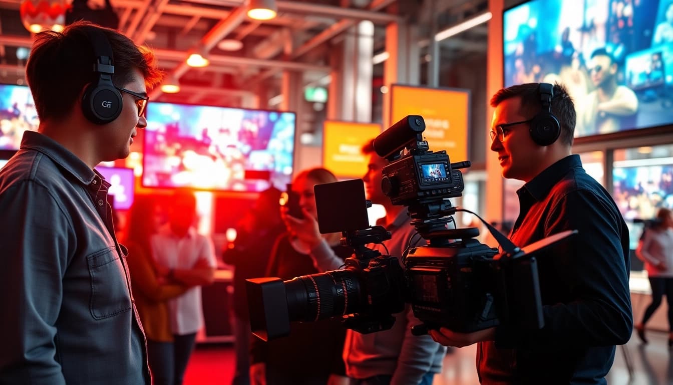A professional team from Oronto video production company collaborating on a project in a vibrant setting.