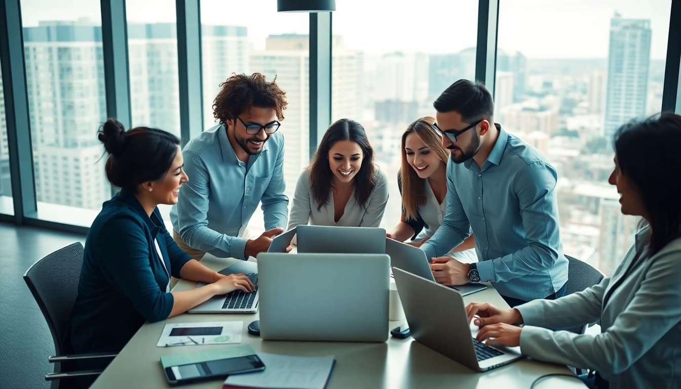 Digital marketing company team collaboratively creating innovative strategies in a vibrant office.