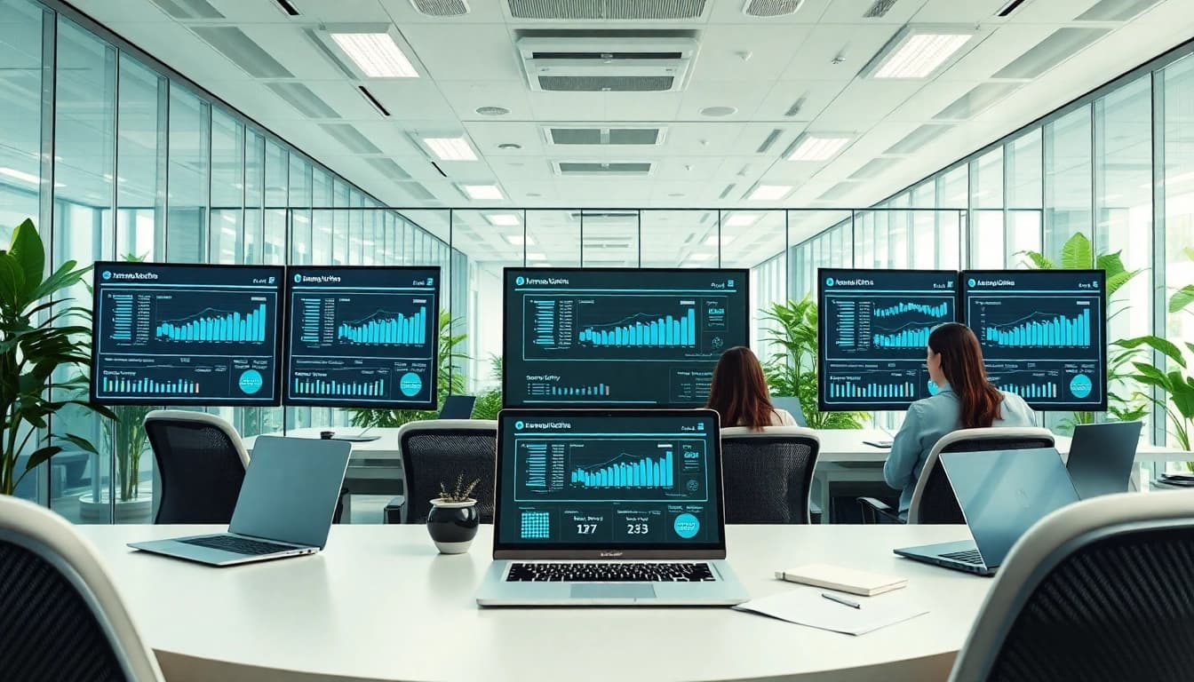 Employees collaborating in an AI powered warranty company office, demonstrating innovation and technology.
