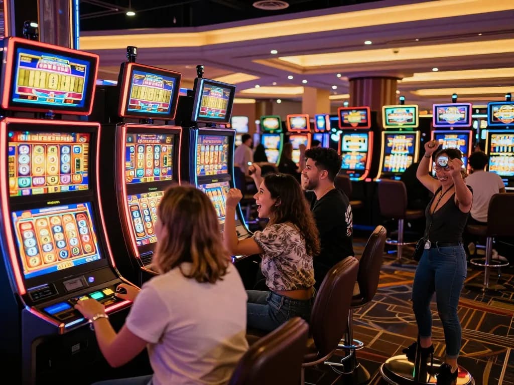 Players celebrating wins at colorful slot machines, experiencing the excitement of slot gacor hari ini.