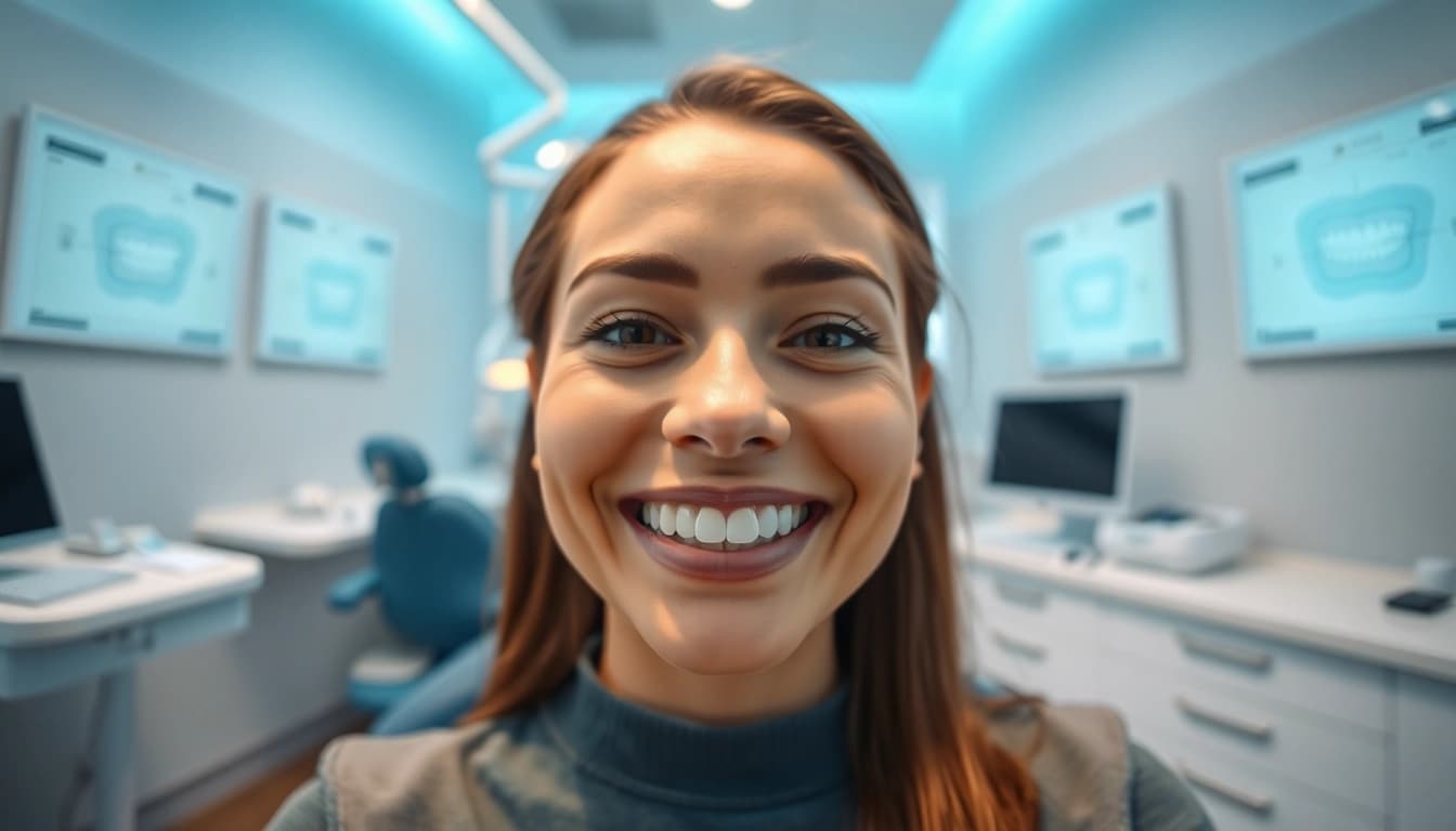 DPEARL 口コミ showcasing a smiling patient in a professional dental clinic with clear aligners.