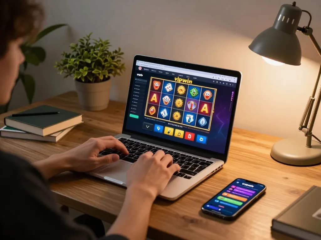 Player enjoying a vipwin casino game on laptop while managing bankroll and strategies at home.