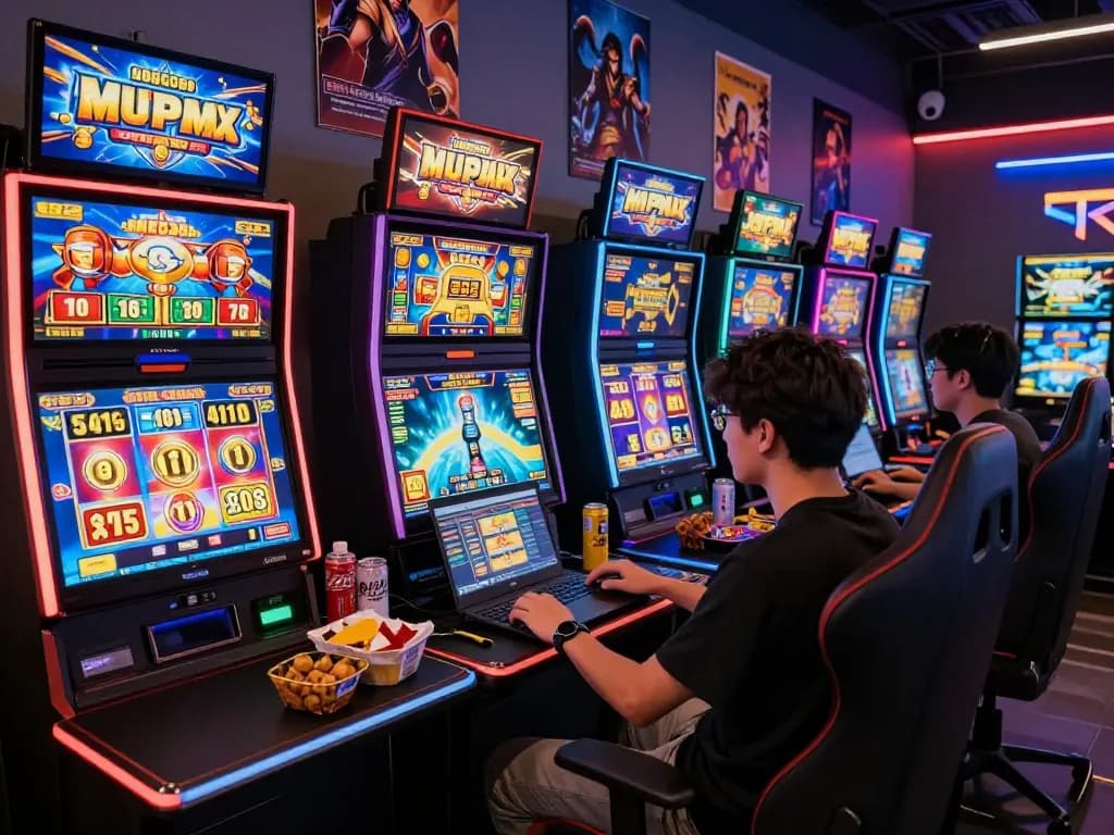 Suasana permainan daring yang menarik dengan pemain memainkan permainan slot laoban188, lingkungan yang cerah dan layar berwarna-warni.