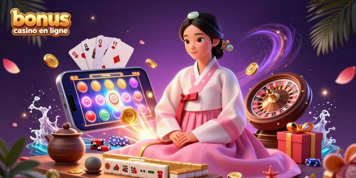 Plongez dans l'atmosphère dynamique du bonus casino en ligne, mettant en scène une femme élégante aux côtés d'éléments de casino dynamiques.