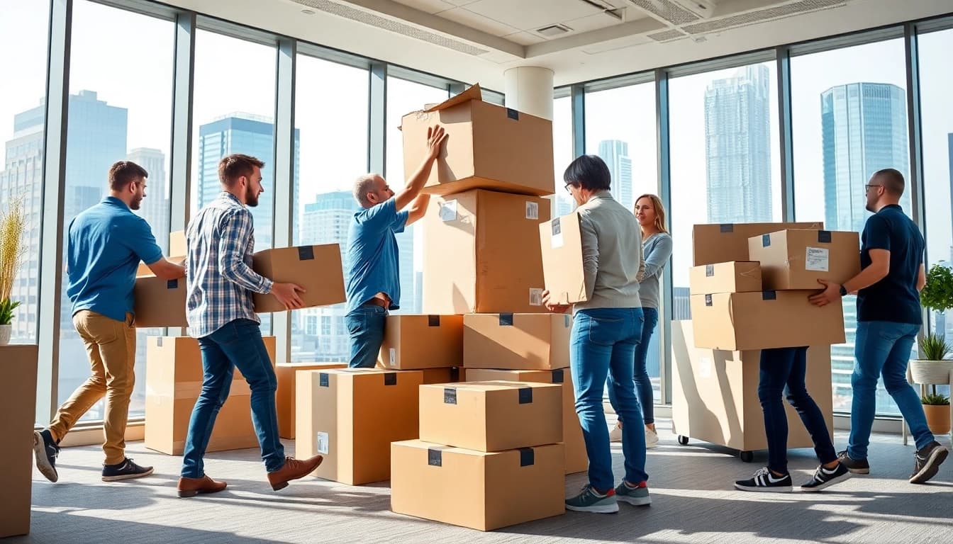 Efficient Chicago Movers packing office items in a bright urban setting.