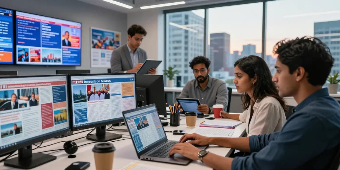 Journalism team at work creating news articles for https://www.theindaily.com, showcasing diversity and energy in a modern newsroom.