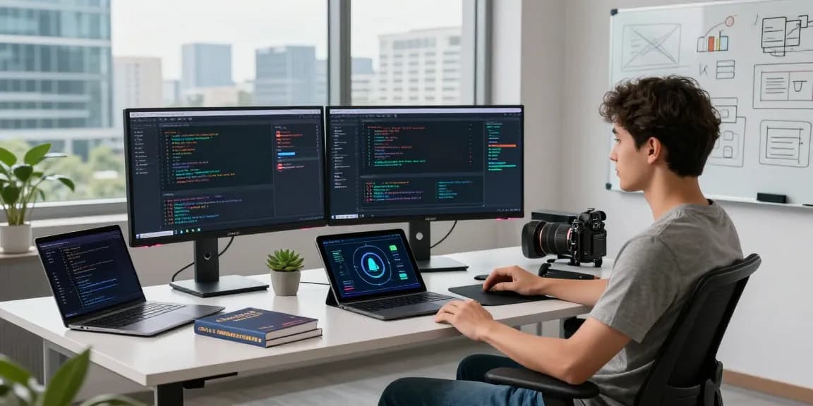 Engaging Kobold AI workspace with multiple monitors and coding gadgets in a modern office setting