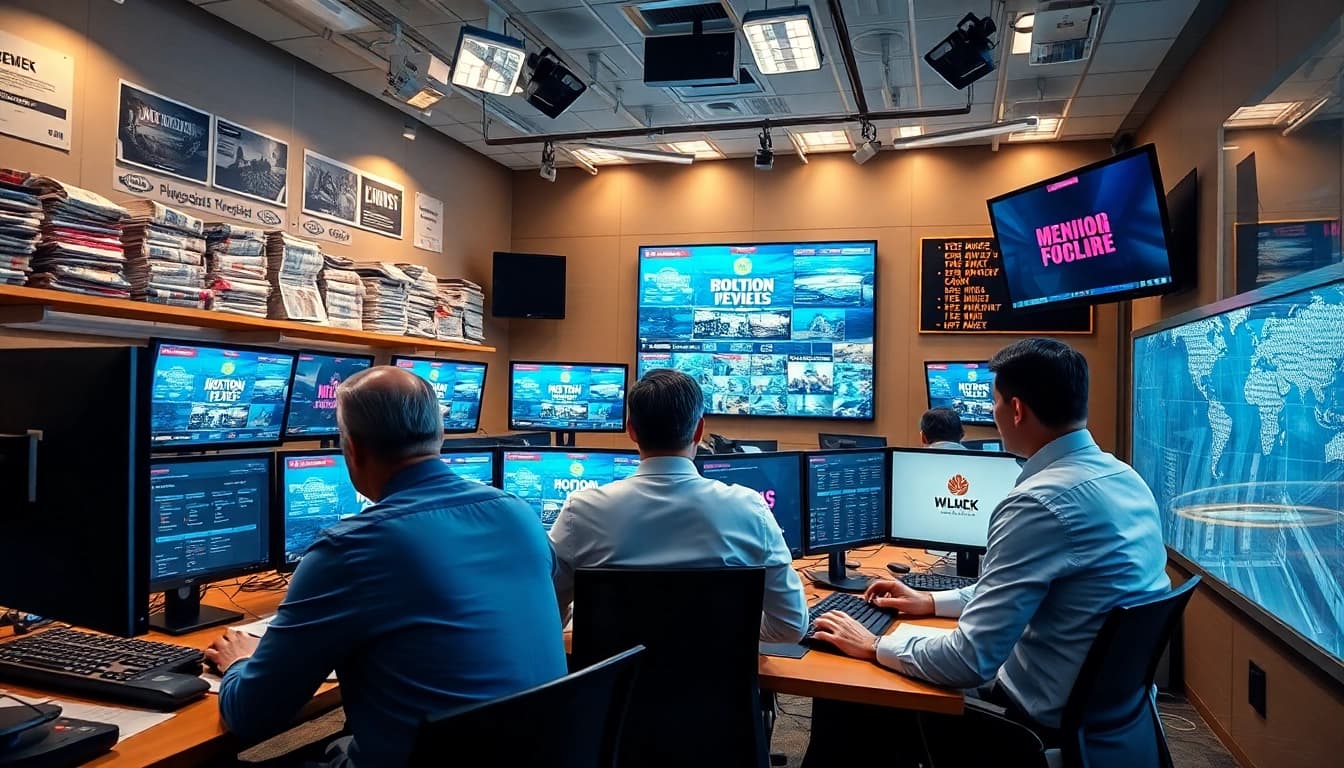 Read news updates in a professional newsroom with journalists and digital displays.