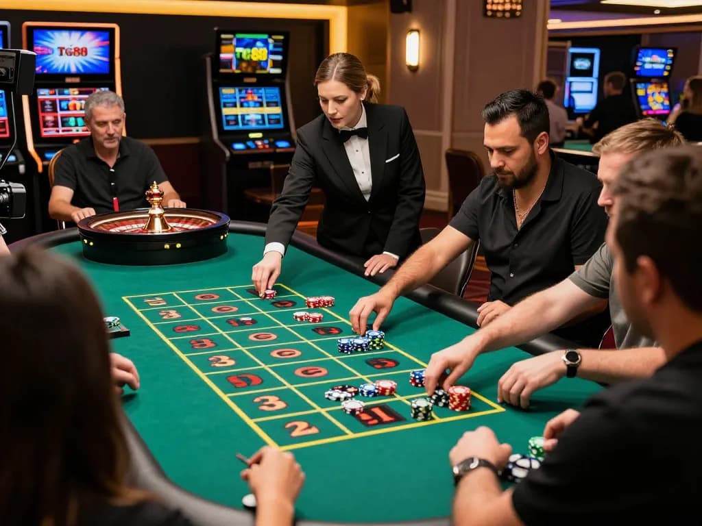 Players engage in an exciting roulette game at TG88 online casino, showcasing vibrant betting action.