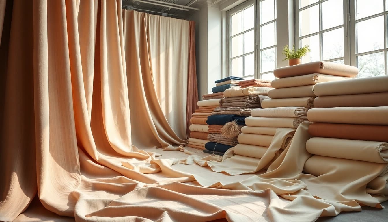 Punta di Roma stof met elegante texturen en rijke kleuren in een stijlvolle showroom.