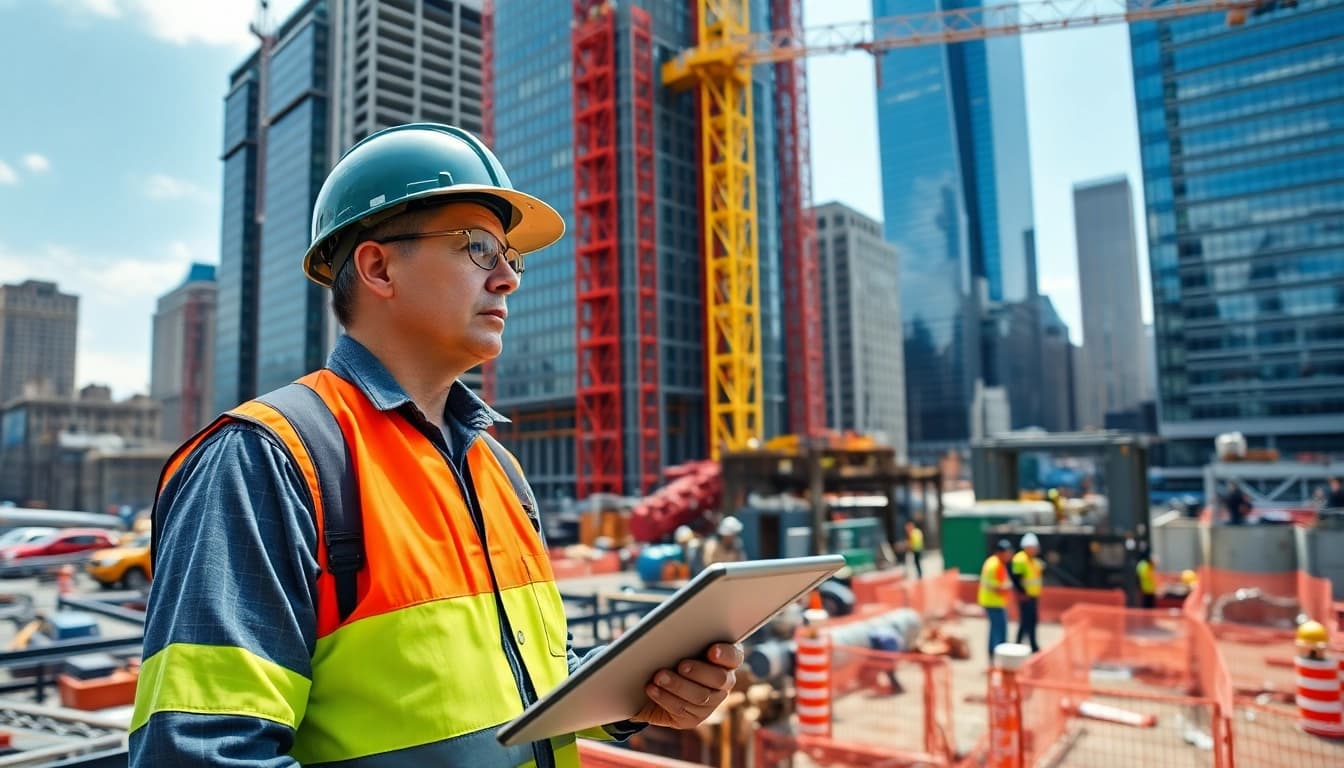 New York City Construction Manager supervising a diverse urban construction site, showcasing teamwork.