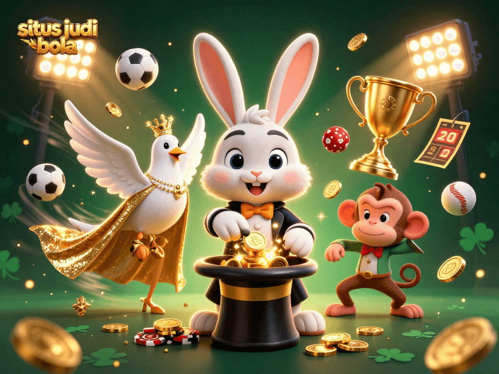 Engage with situs judi bola visualized through a dynamic scene of a magician rabbit, dove, and monkey amid sports elements.