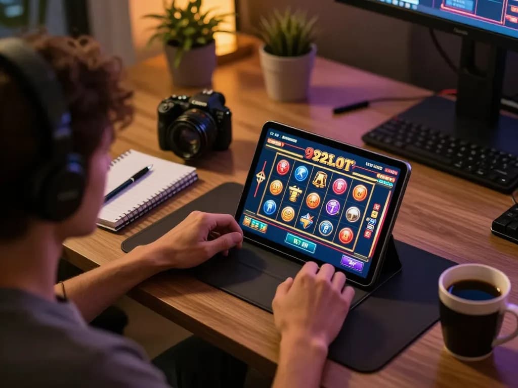 Player engaging with 92slot tablet, colorful slot game interface visible in cozy home environment.