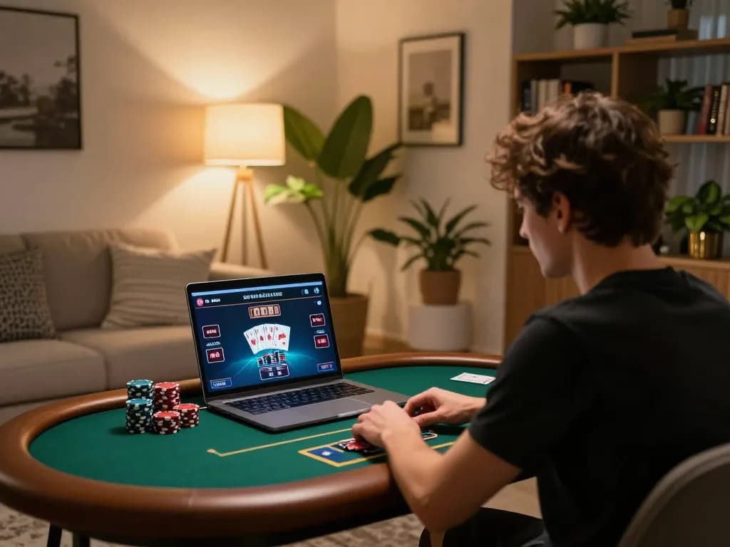 Winstrike69 online poker setup with player engaged in strategic gameplay at home
