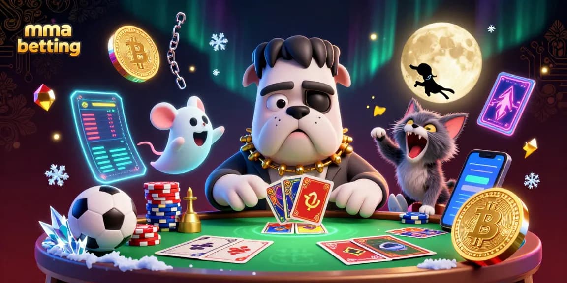 Engage in mma betting with a lively scene of a bulldog dealer, spooky elements, and sports betting visuals.