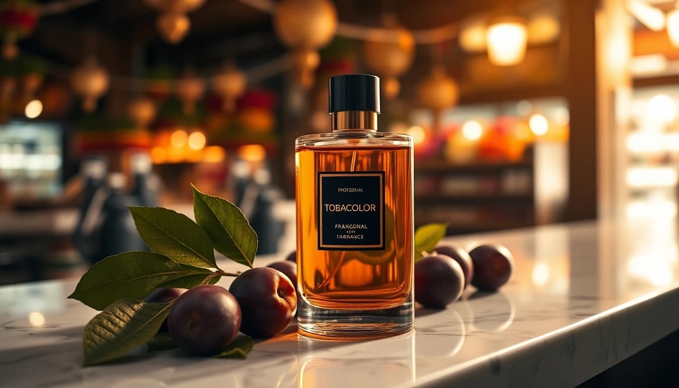 Experience the elegance of Tobacolor scent in a luxurious setting with rich textures.