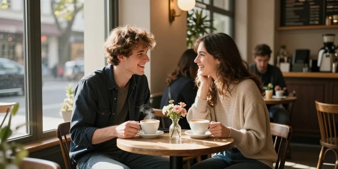 A young couple enjoying a romantic moment at a café, sharing laughter and coffee while exploring their crush on each other.
