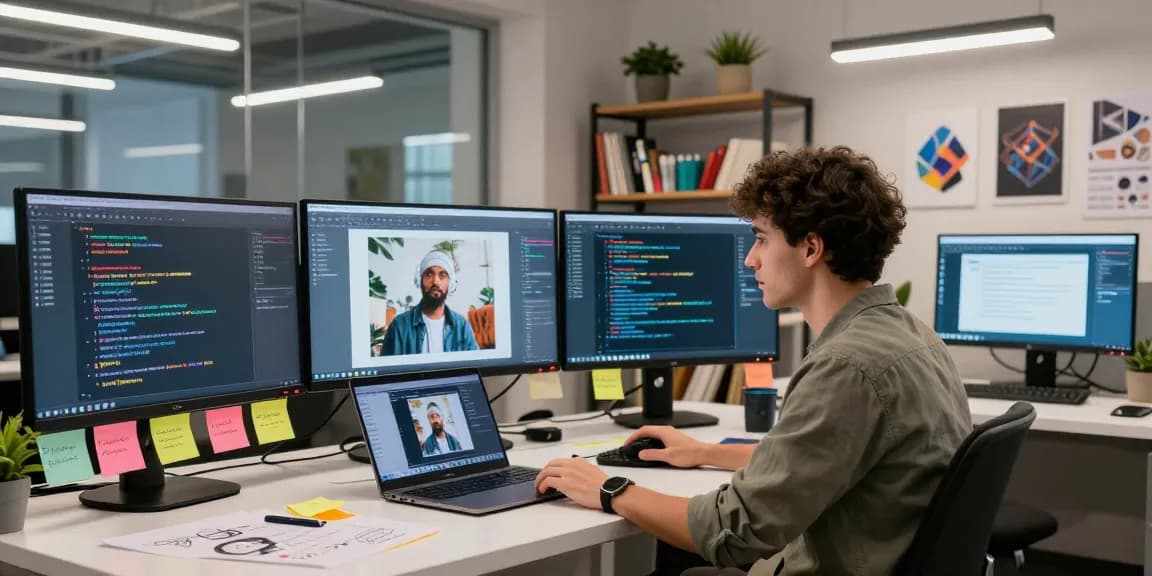 AI developer generating prompts from images in a vibrant digital workspace, showcasing modern technology.